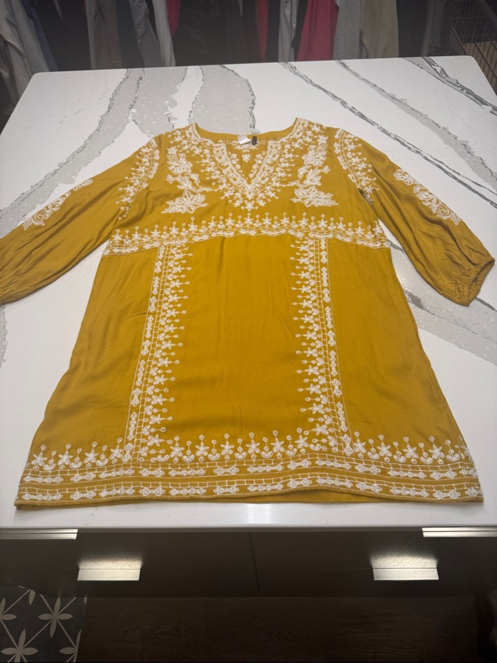 Akemi & Kin Anthro Embroidered Mustard Yellow Long-Sleeve Tunic Dress Never Worn